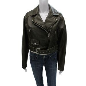 Zara Womens Biker Motorcycle Jacket Green Collared Long Sleeve Size S